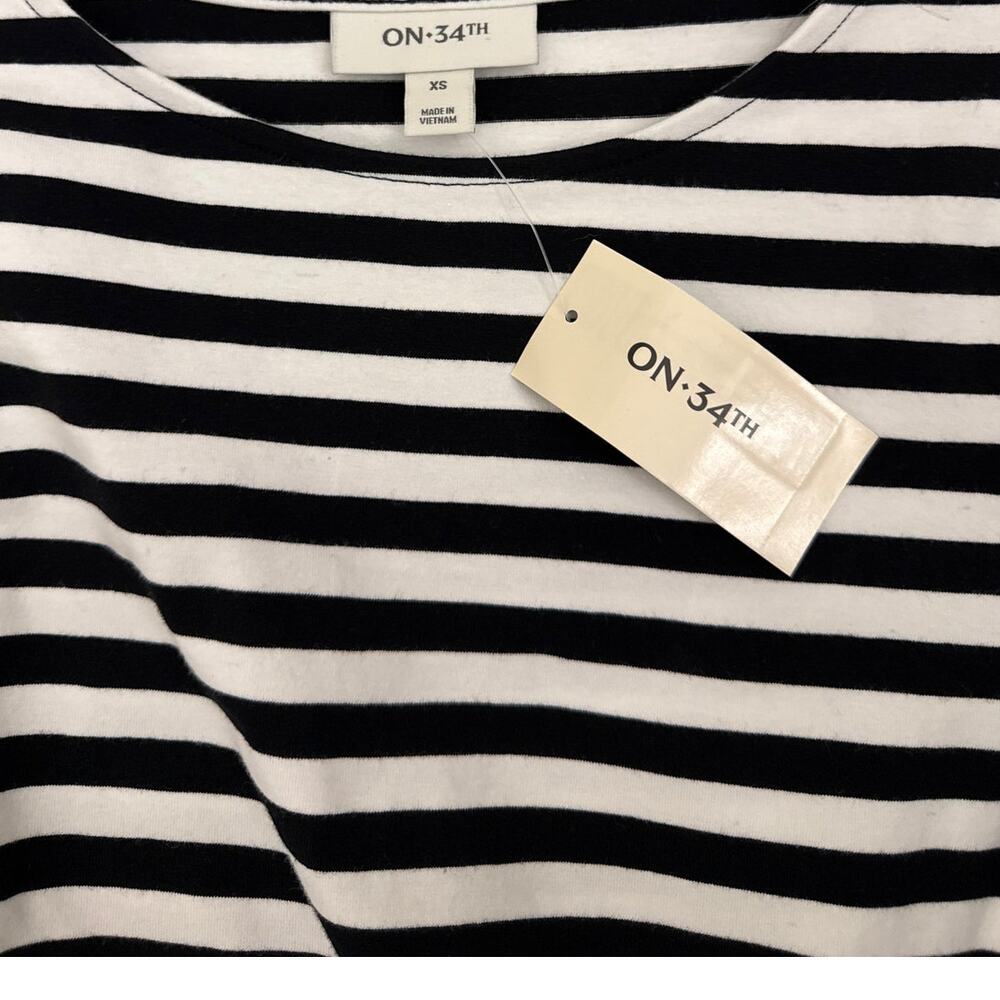 NWT On 34th Striped Tie-Waist Black White Stretch Fitted Midi Dress Size XS - Picture 4 of 5